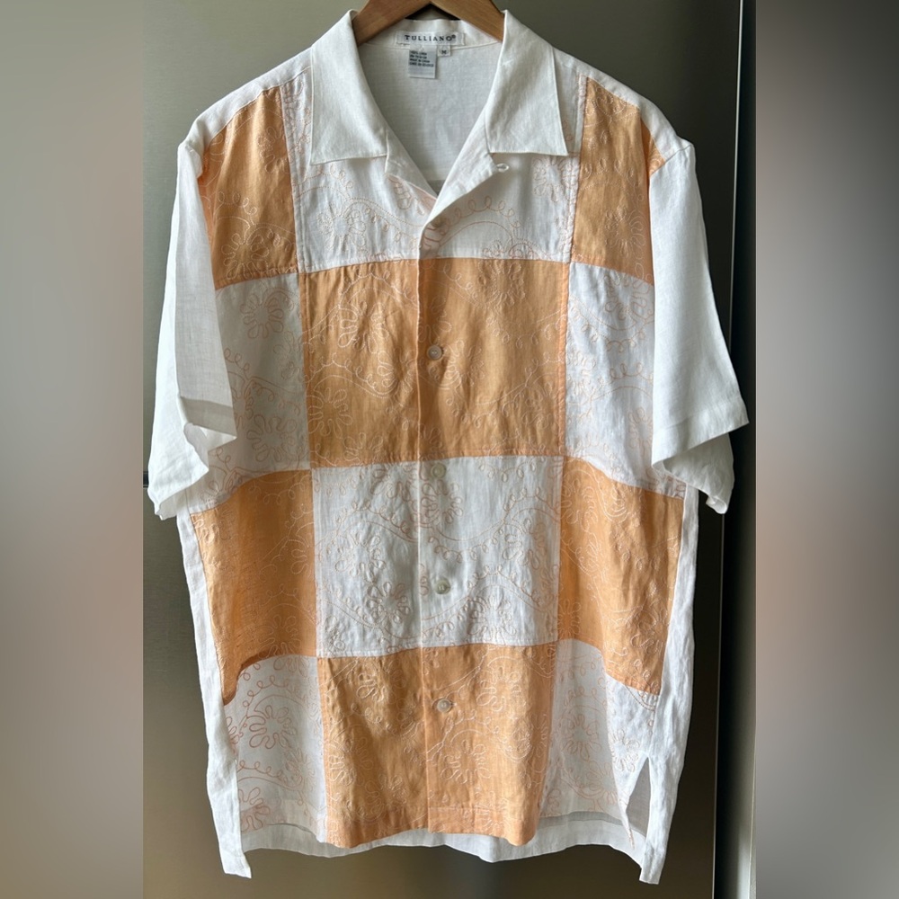Tulliano 100% Linen Embroidered Shirt Checkered Peach White Size M